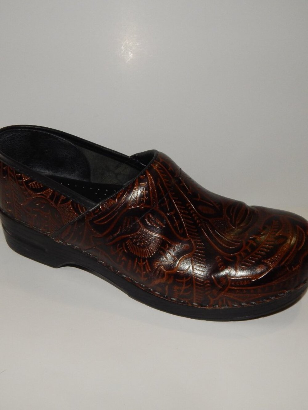 Dansko 43 Brown Leather Tooled Embossed Leather Mule Clog Shoes